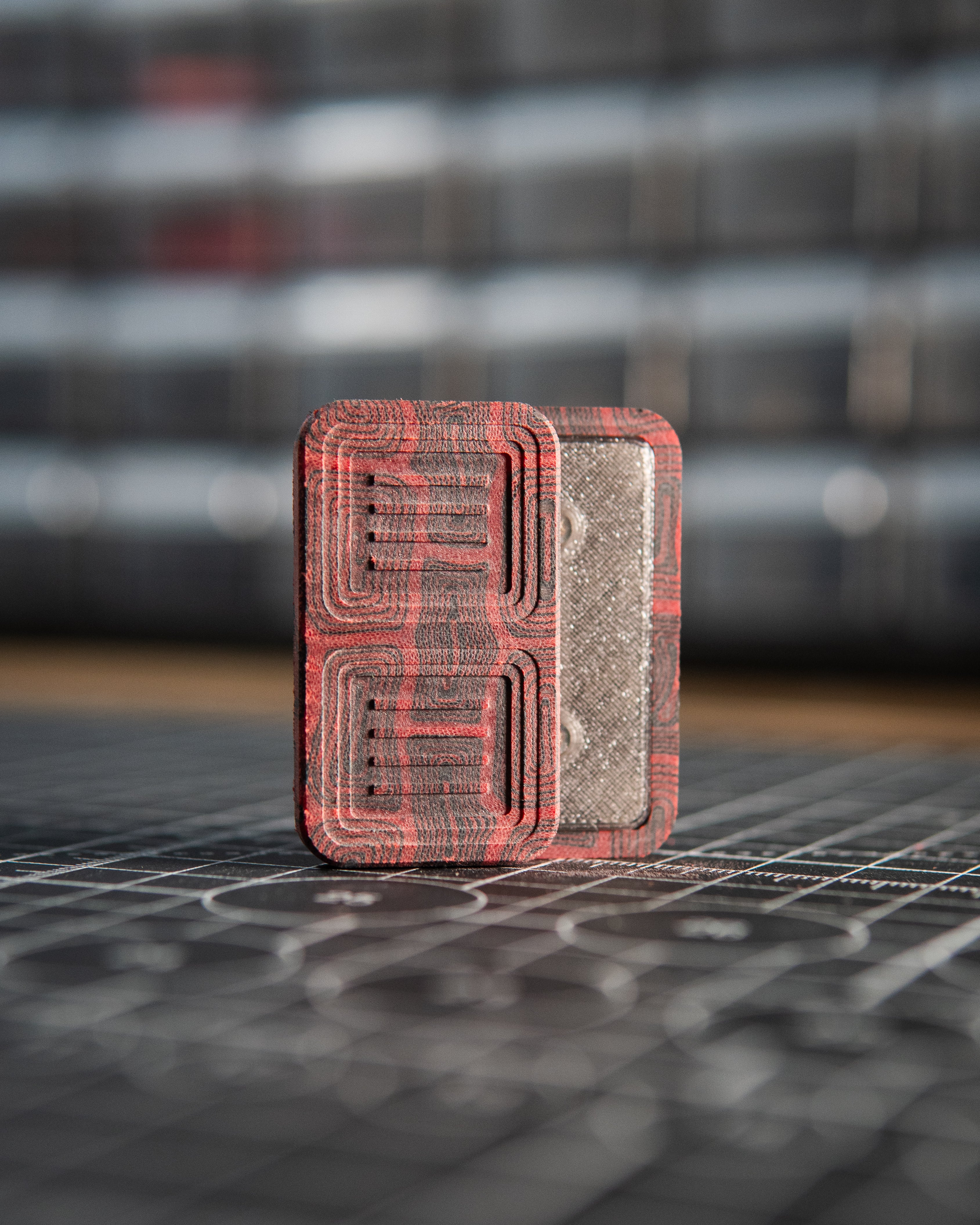 Delta Pro Tile Fidget Slider - Maker's Choice, Black & Red Patterned Micarta