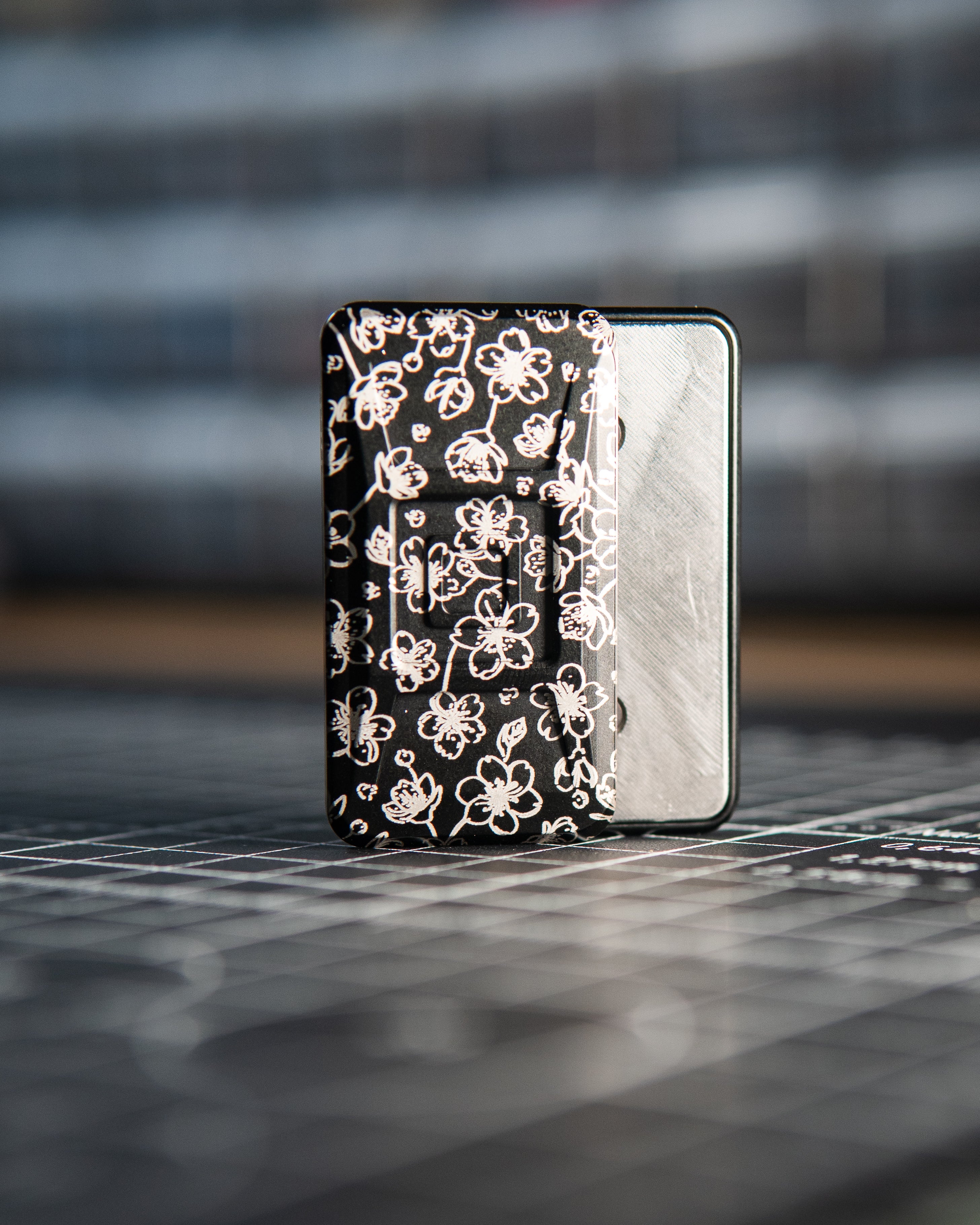 Echo Ergo Tile Fidget Slider - Maker's Choice, Aluminum Piano Black "Cherry Blossom" Edition